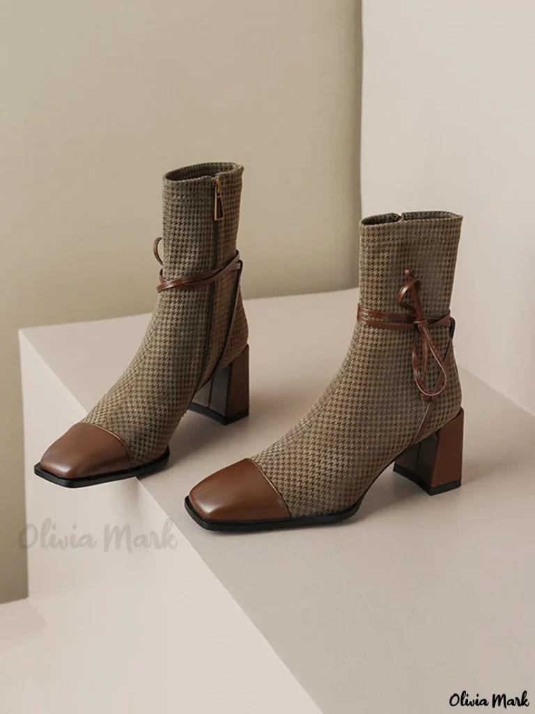 Olivia Mark – Timeless Houndstooth Square Toe Block Heel Boots with a Vintage Twist Product Image