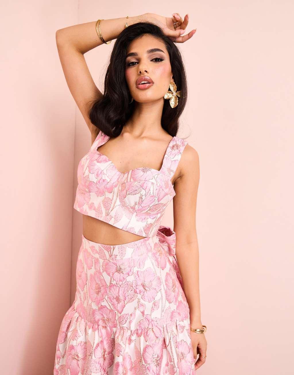 ASOS LUXE jacquard bralet top in pink floral print - part of a set Product Image