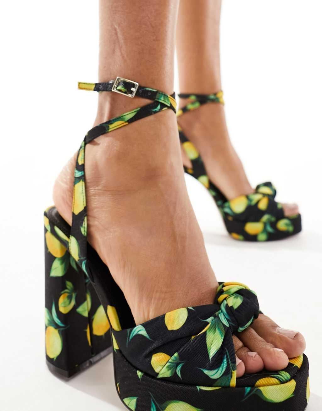 ASOS DESIGN Nikita knotted platform block heel sandals in fruit print Product Image