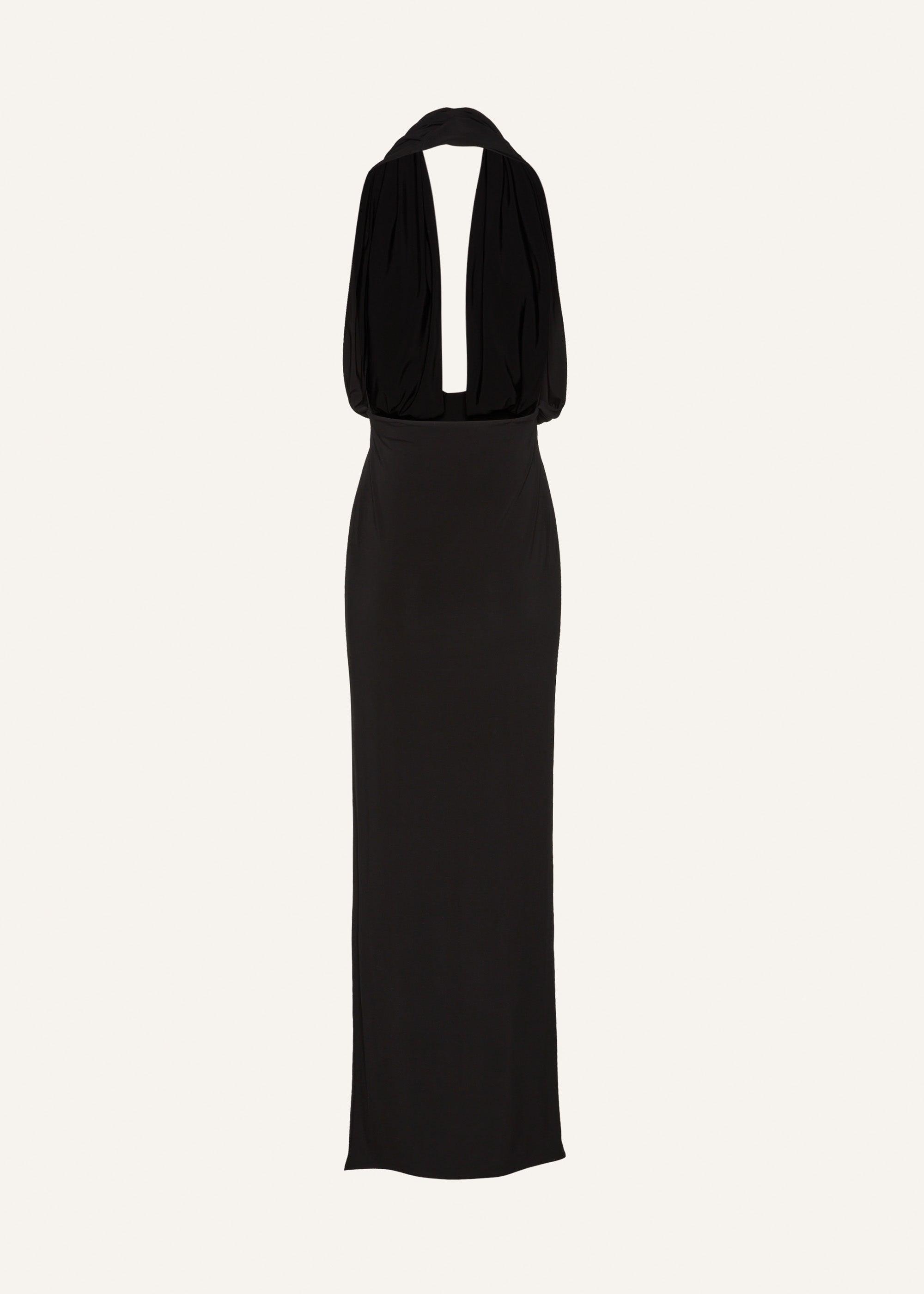 Plunge halter jersey gown in black Product Image