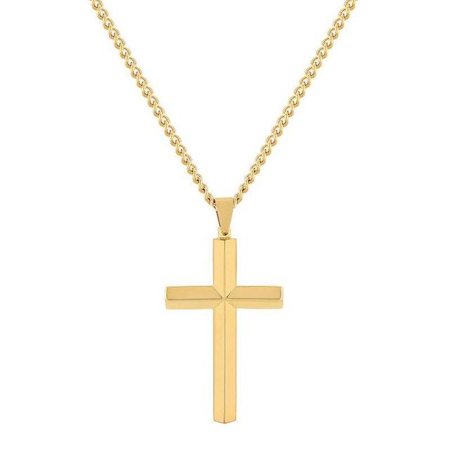 Steel Nation Mens Gold Tone Ion-Plated Beveled Cross Pendant Necklace Yellow Product Image