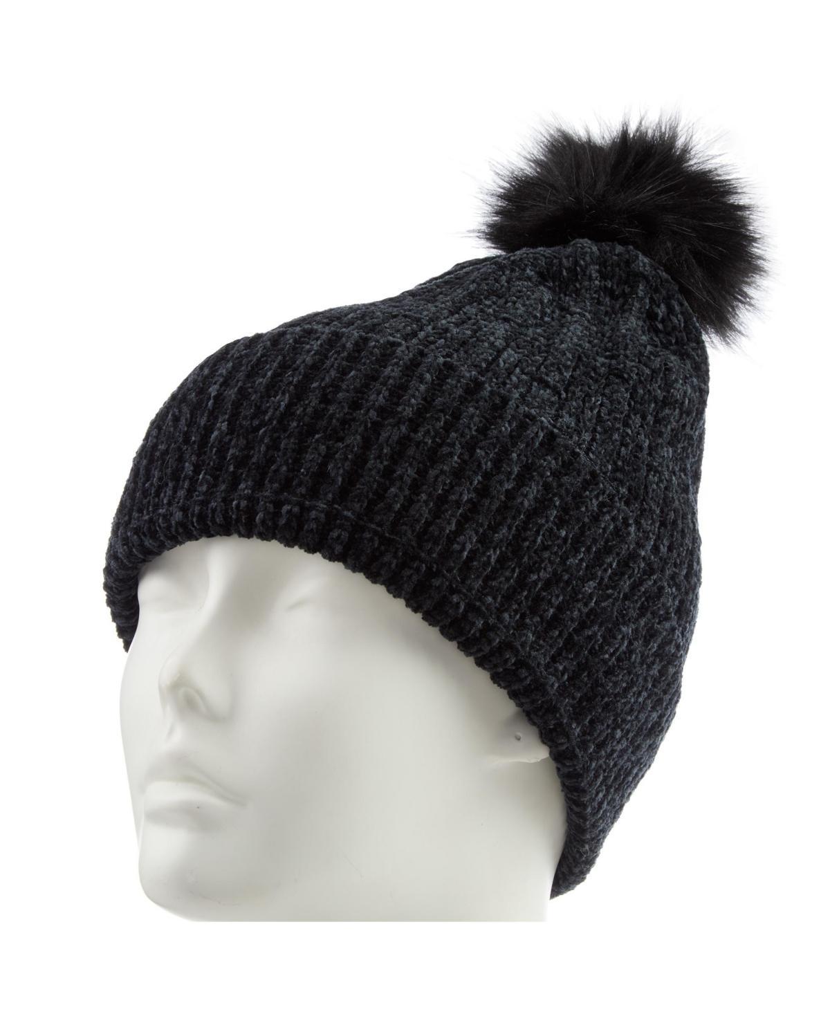 Womens isotoner Chenille Cuff Beanie Hat with Faux Fur Pom, Grey Product Image