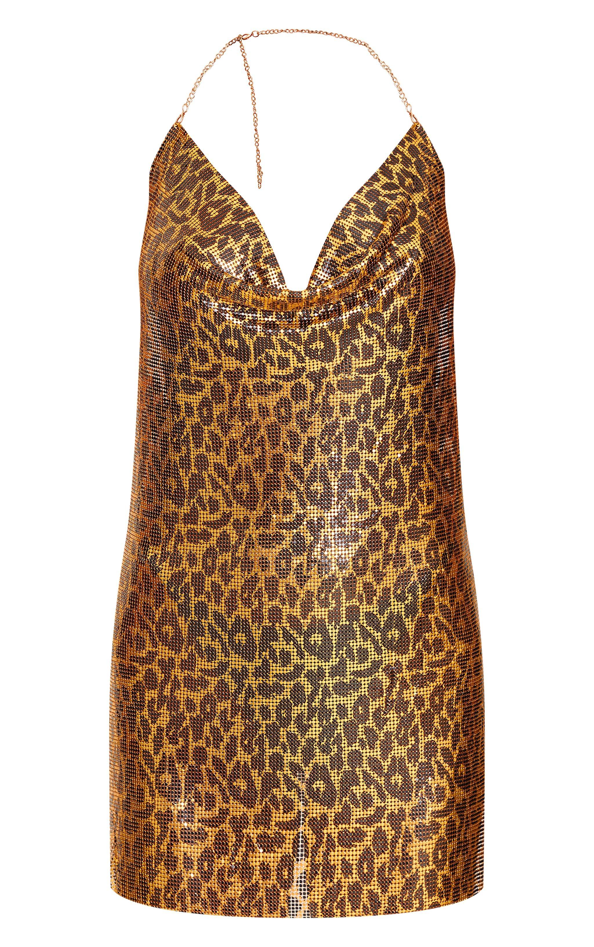 Brown Leopard Print Chainmail Cowl Shift Dress Product Image