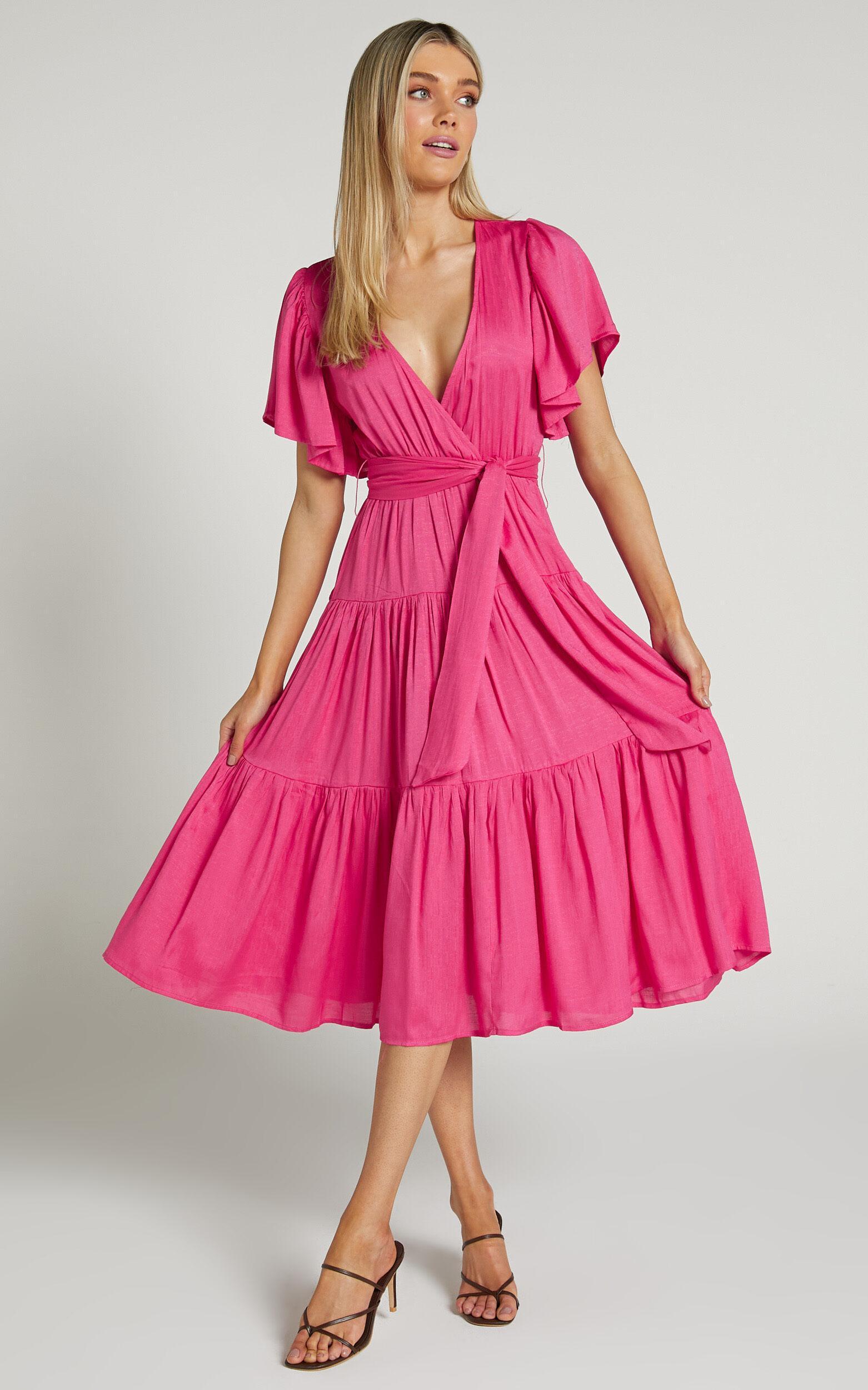 Marielle Midi Dress - Wrap Bodice Tiered Belted Dress in Pink Product Image