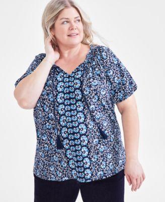 Plus Size Printed Peasant Top, Created for Macy's Product Image