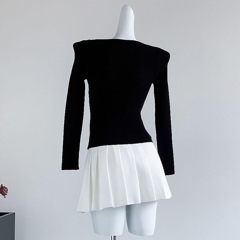 Long Sleeve Asymmetrical Neck Mock Two Piece Knit Top Product Image