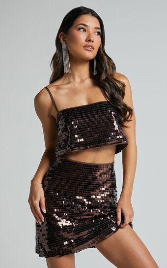 Barlyn Mini Skirt - High Waisted Aline Flat Sequin Skirt in Chocolate Product Image