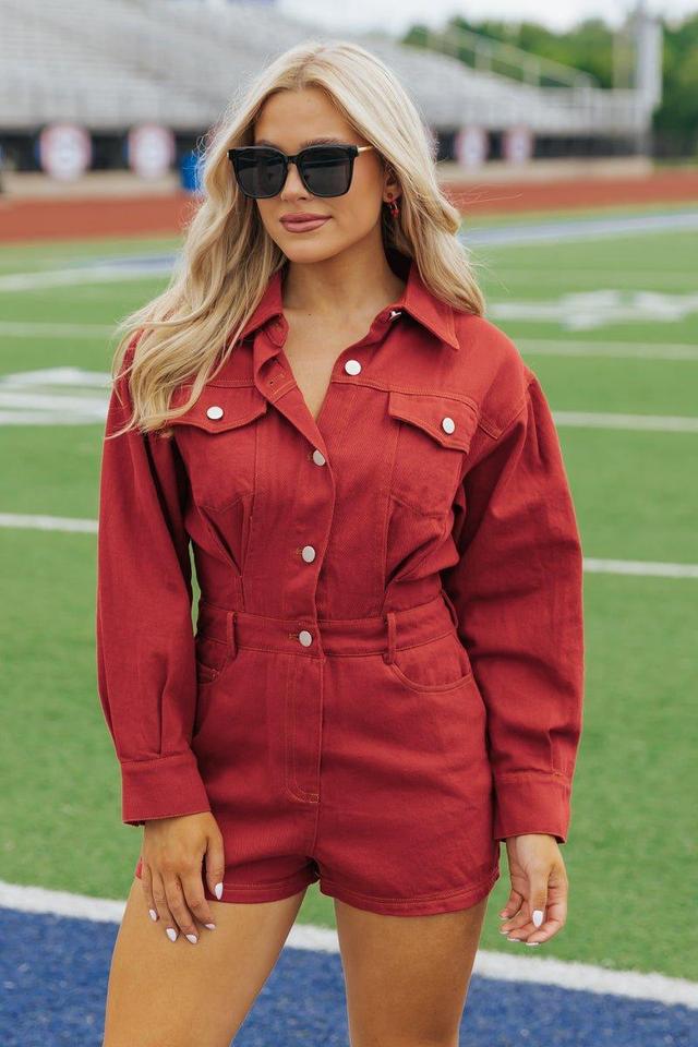 Red Long Sleeve Denim Romper Product Image