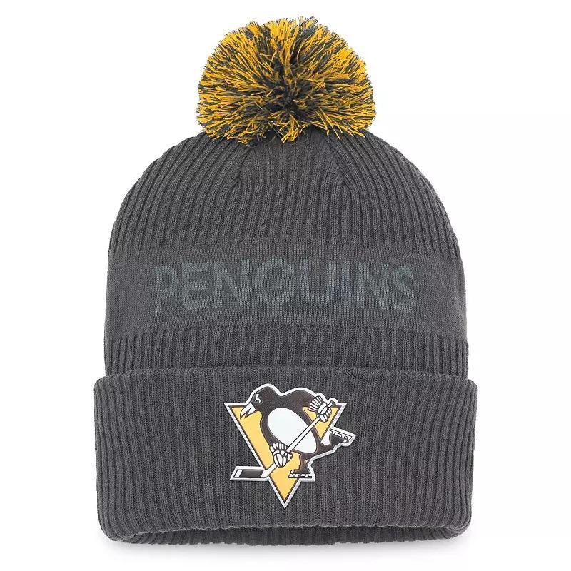 Mens Fanatics Branded Pittsburgh Penguins Authentic Pro Home Ice Cuffed Knit Hat with Pom, Grey Product Image