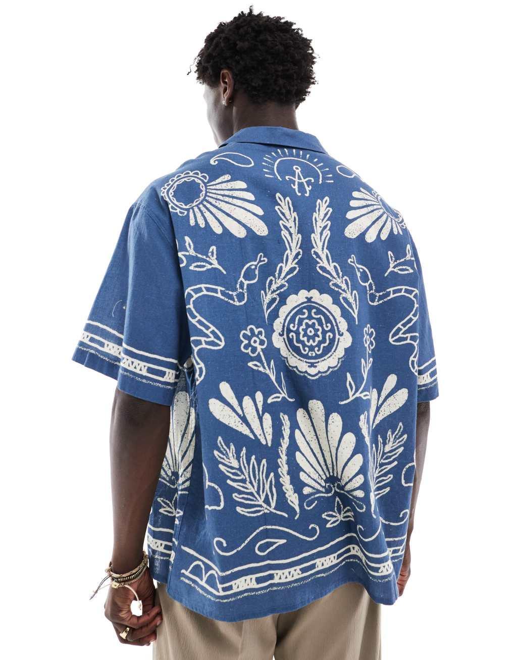 ASOS DESIGN oversized revere shirt with border and abstract print in blue Product Image