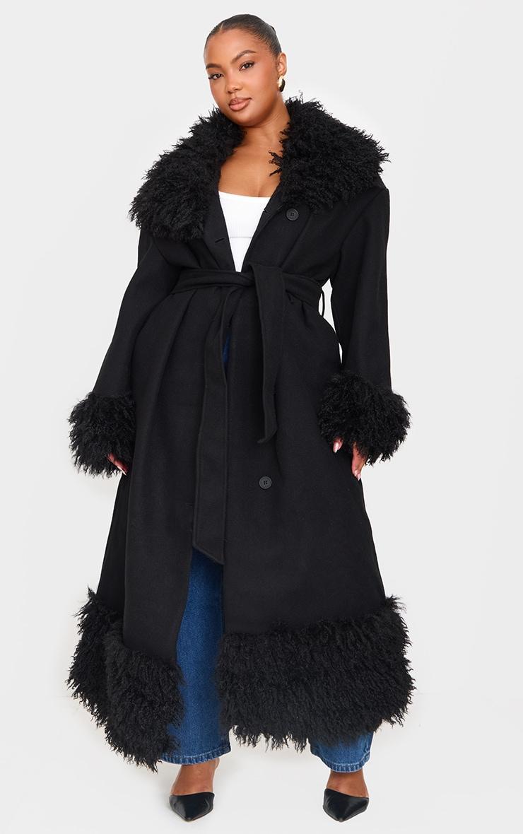 Plus Black Faux Fur Trim Constrast Wool Look Coat Product Image