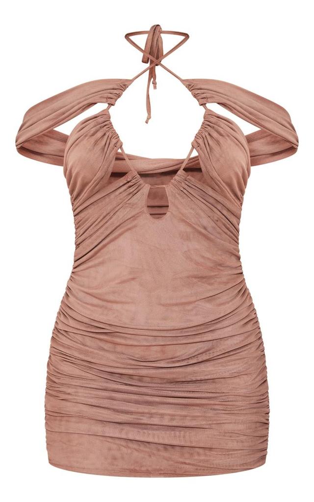 Mocha Ruched Cut Out Bardot Bodycon Dress Product Image