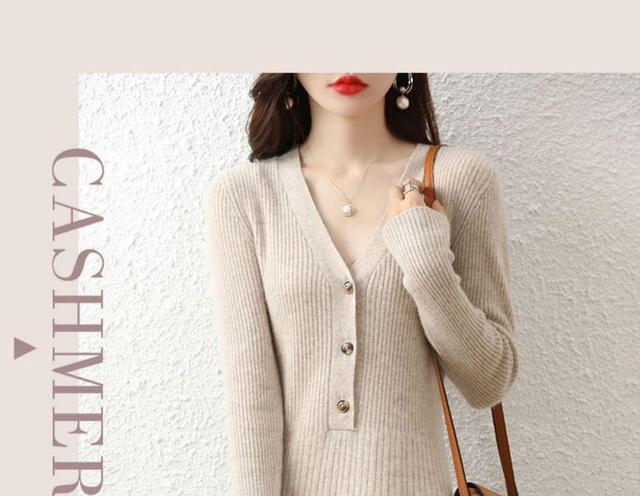 Long-Sleeve V-Neck Plain Button Ribbed Midi A-Line Knit Dress Product Image