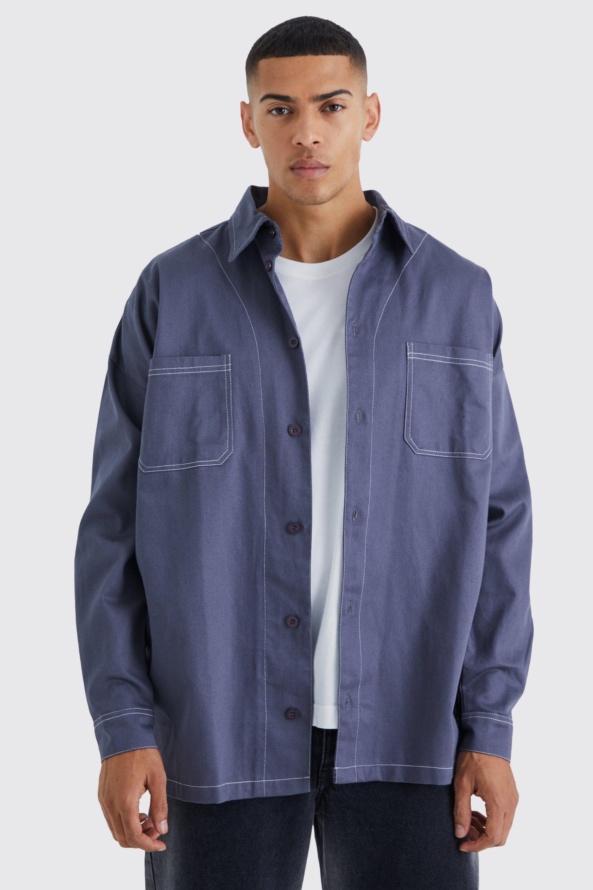 Oversized Contrast Stitch Twill Overshirt | boohooMAN USA Product Image