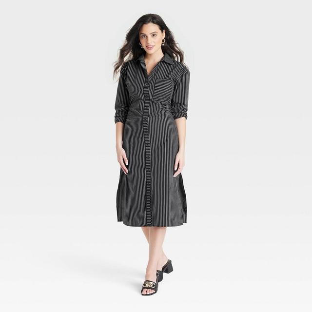 Women's Versatile Long Sleeve Midi Shirtdress - A New Day™ Black/White Striped S Product Image