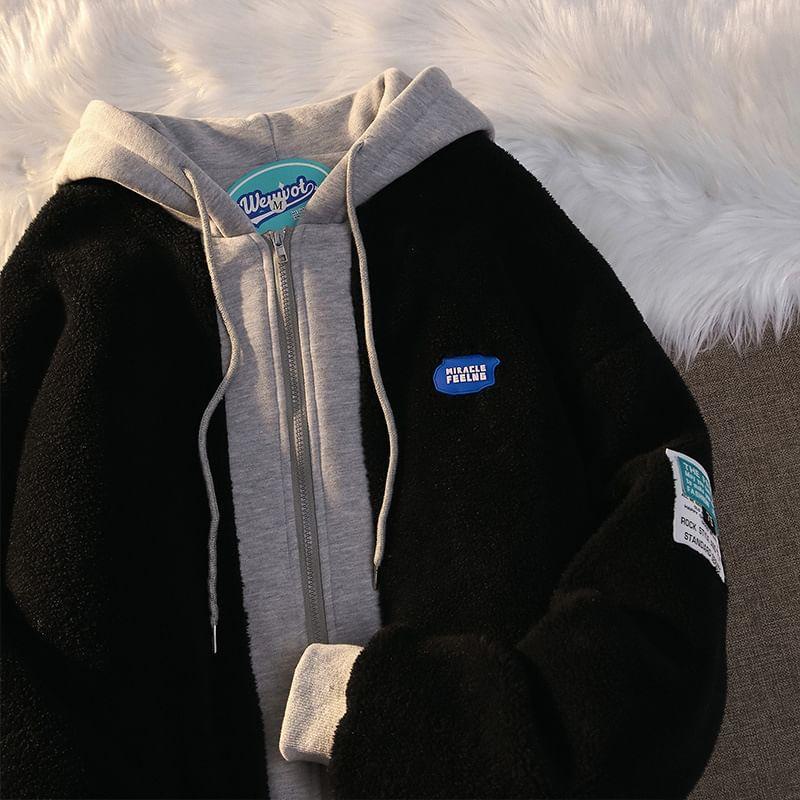 Lettering Applique Drawstring Fleece Panel Zip Hoodie Product Image