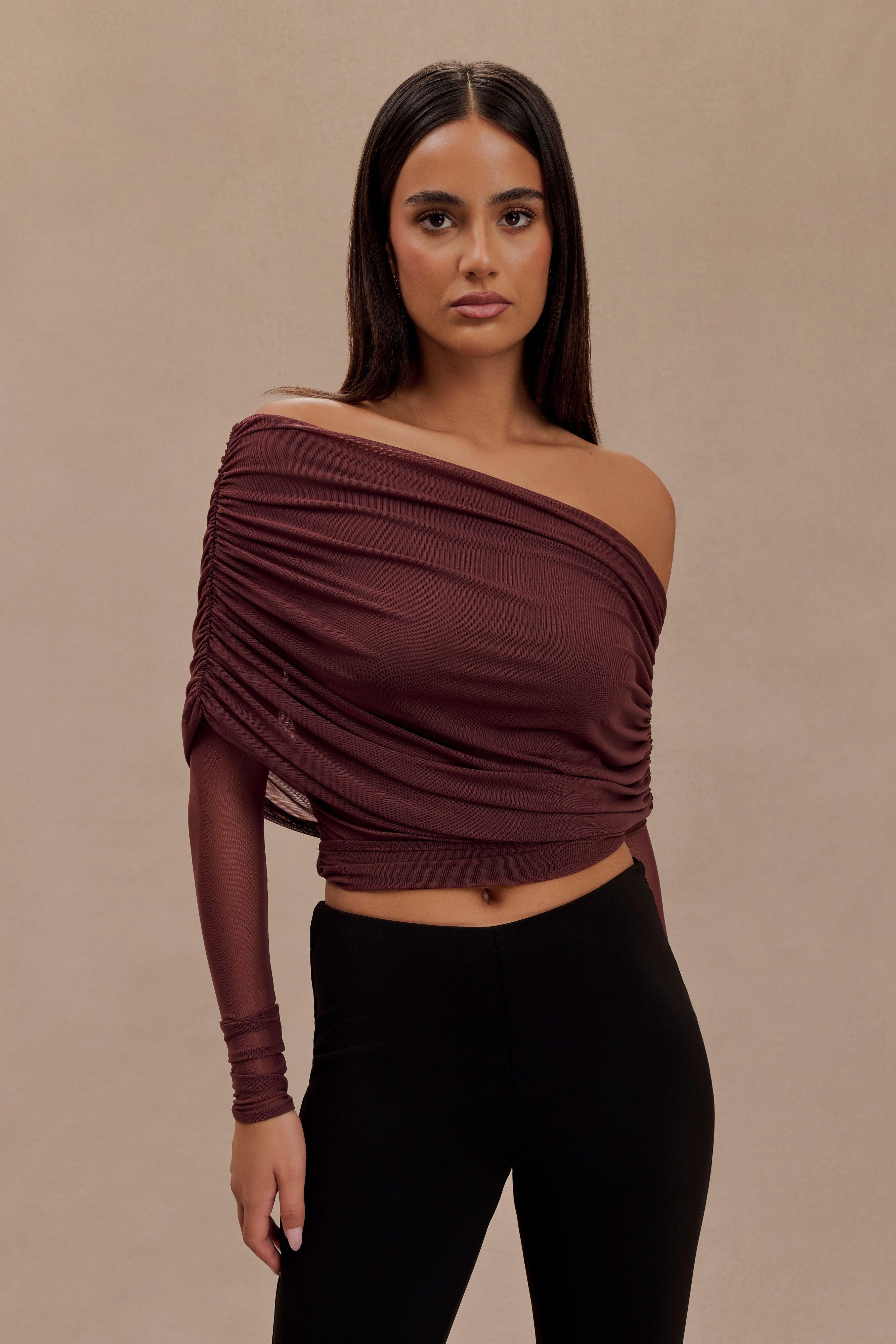 Everly Sheer Mesh Off Shoulder Top - Mahogany Product Image