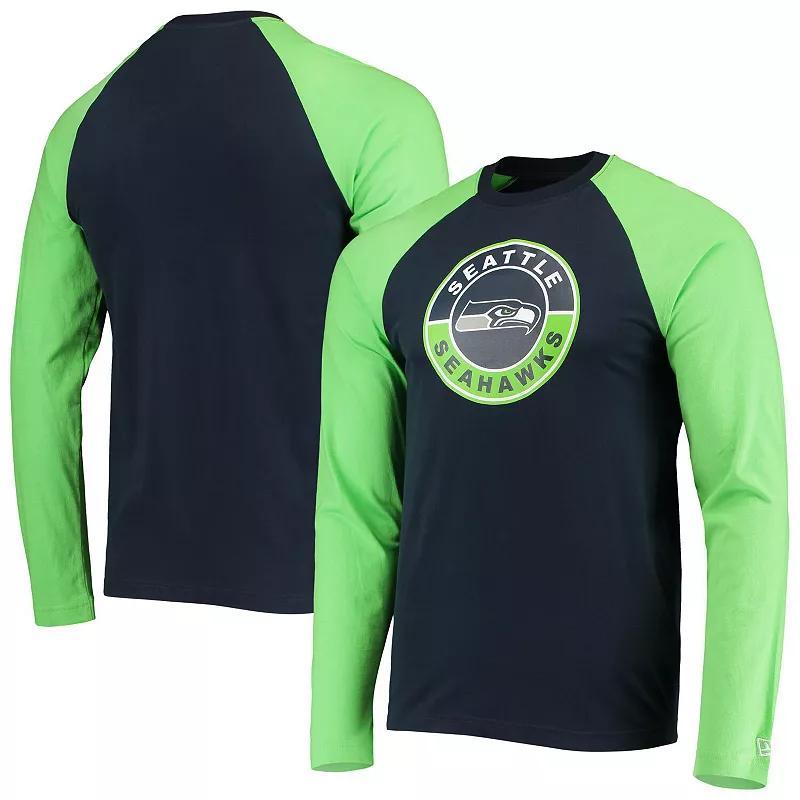 Mens New Era College /Neon Green Seattle Seahawks League Raglan Long Sleeve T-Shirt Blue Product Image