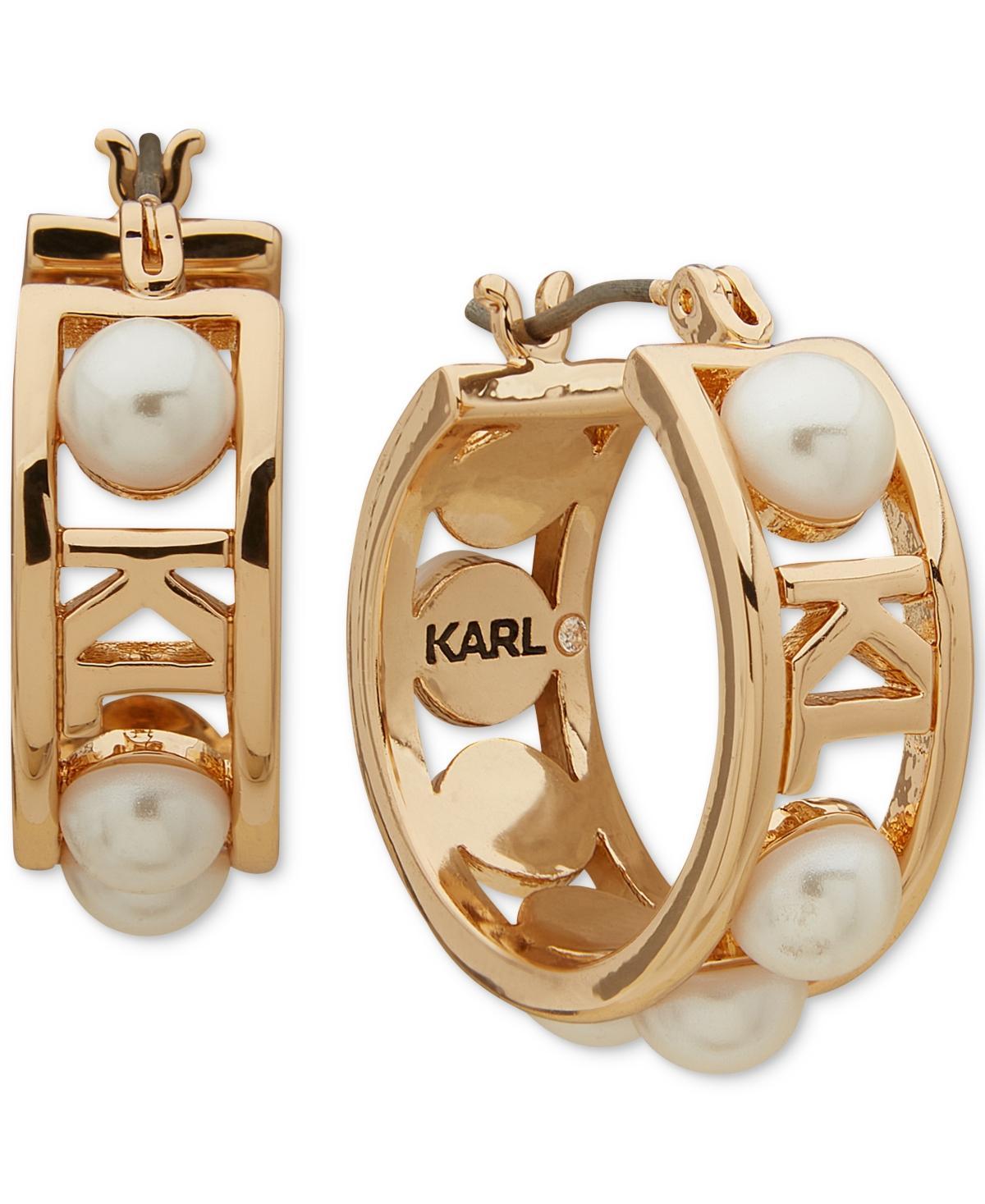 Karl Lagerfeld Paris Womens Gold-Tone Imitation-Pearl Hoop Earrings, 3/4 Product Image