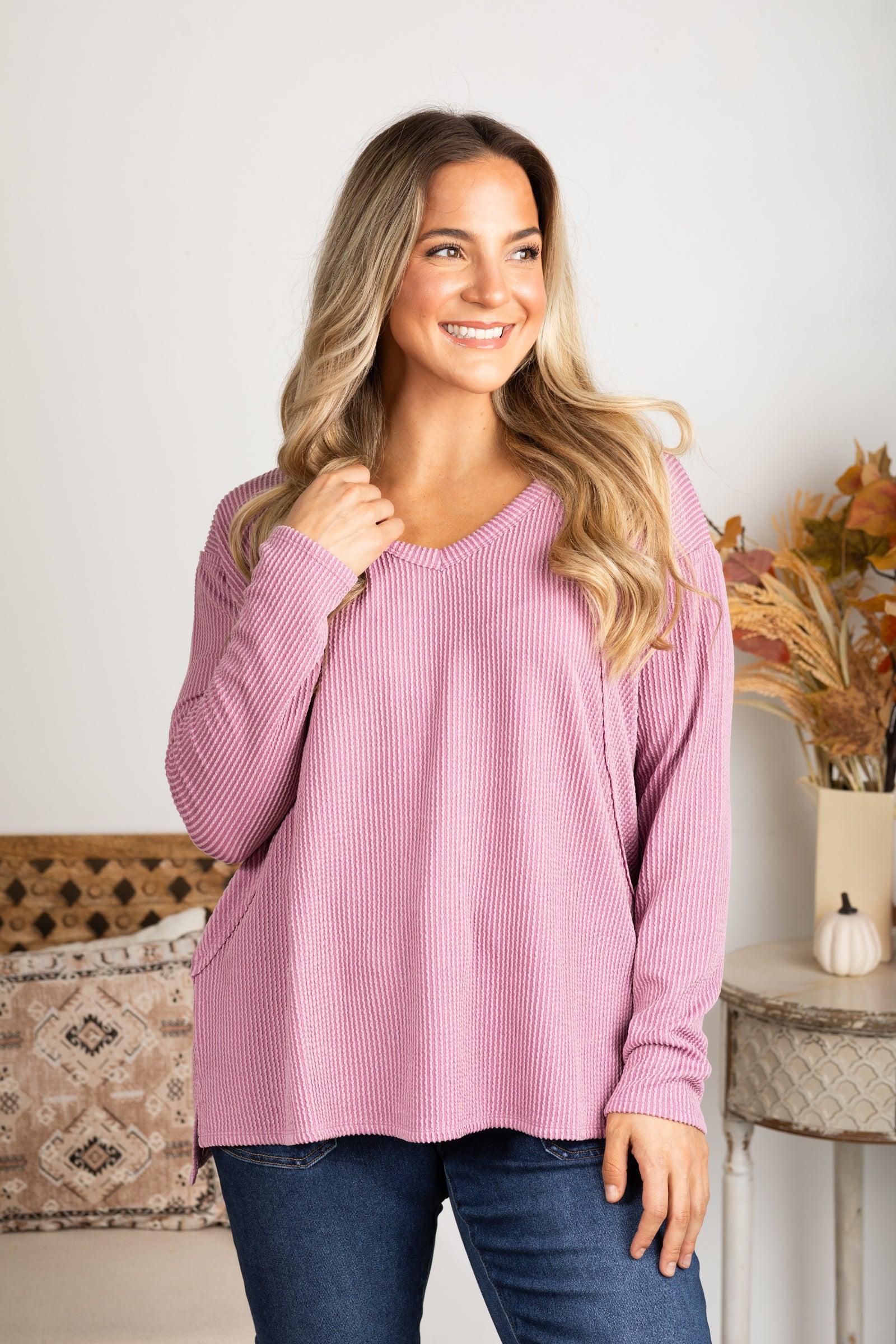 V-Neck Knit Ribbed Long Sleeve Top Product Image