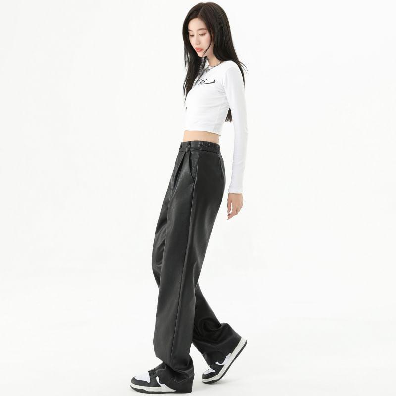 High Waist Plain Faux Leather Loose Fit Pants (Various Designs) Product Image