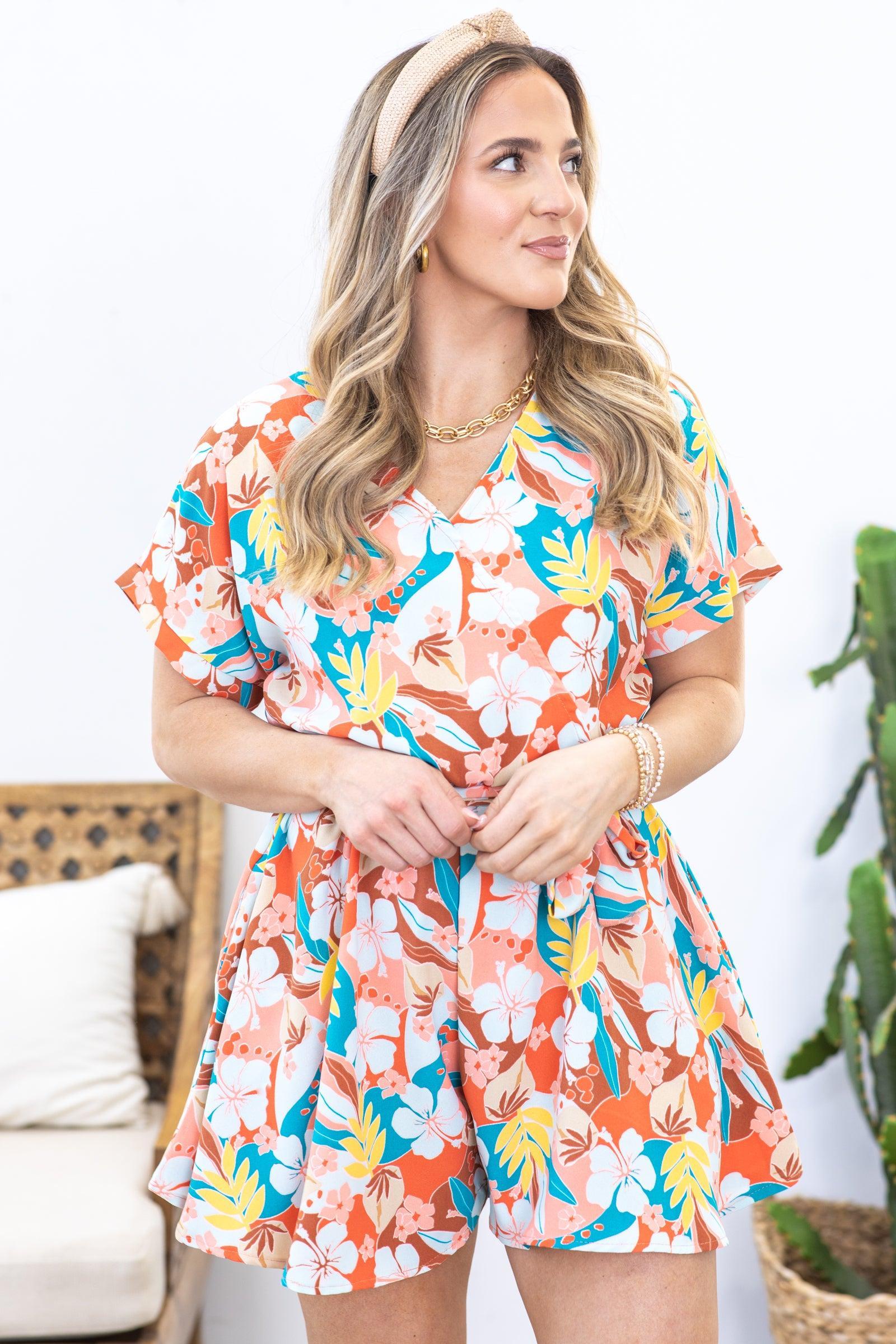 Coral Tropical Floral Print Romper Product Image