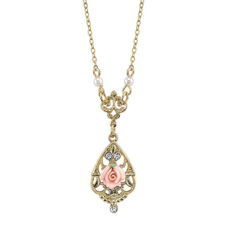 2028 Gold-Tone Crystal and Pink Porcelain Rose Simulated Pearl Necklace 17 Product Image