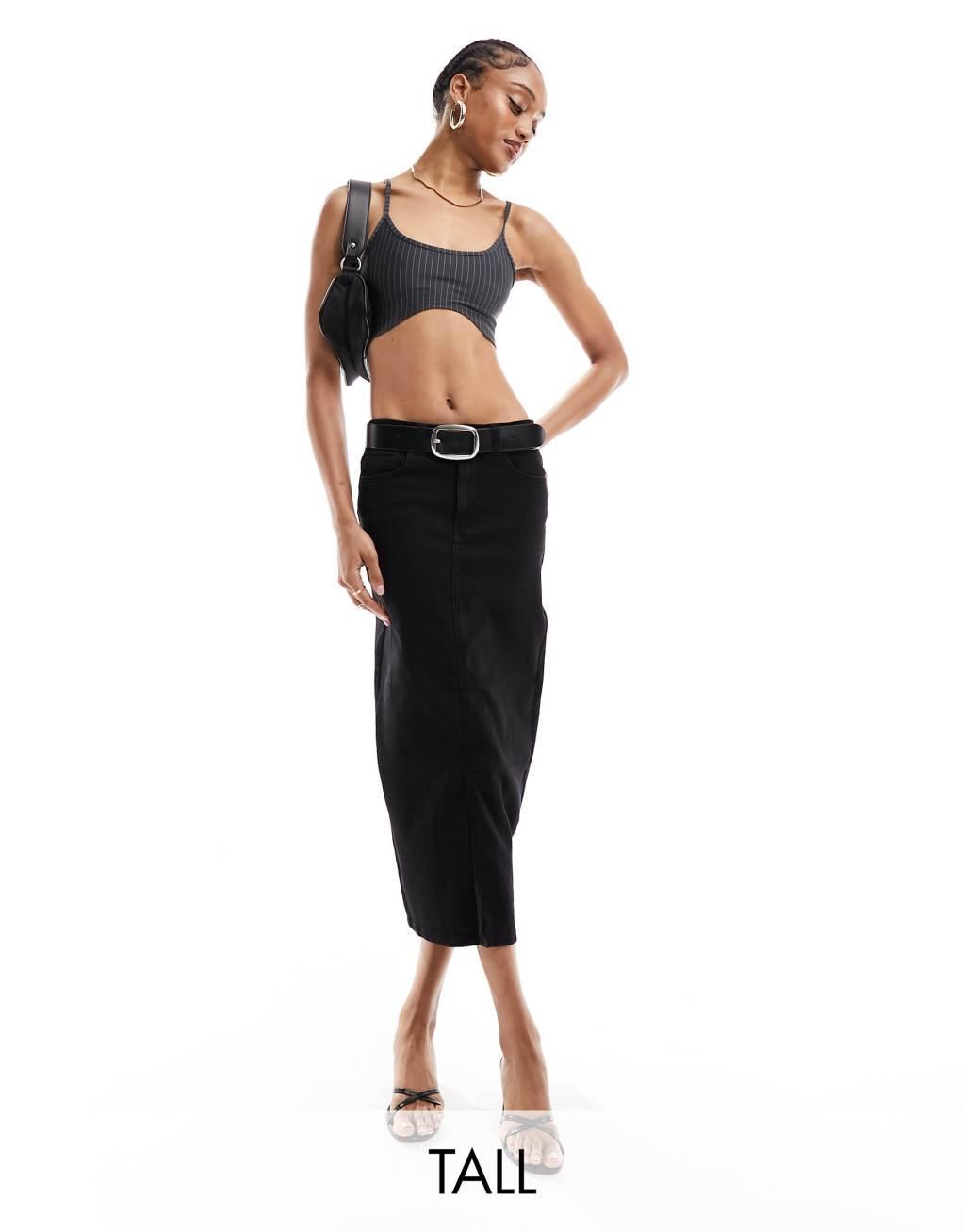 Vero Moda Tall denim midi skirt in black Product Image