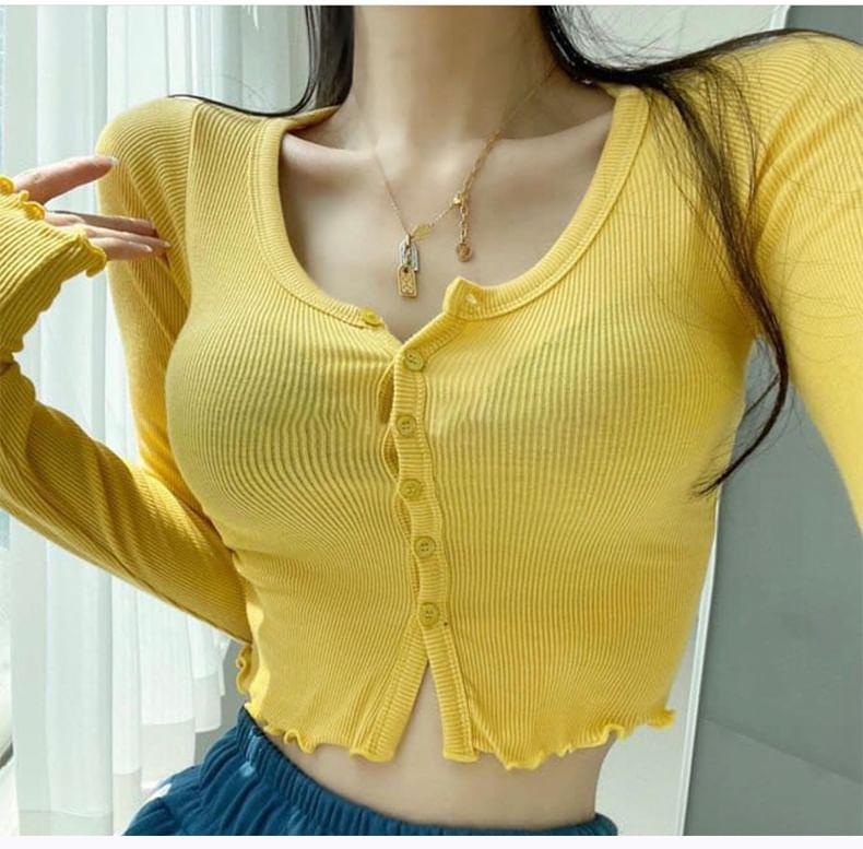 Long-Sleeve Plain Lettuce Edge Button-Up Cropped T-Shirt Product Image