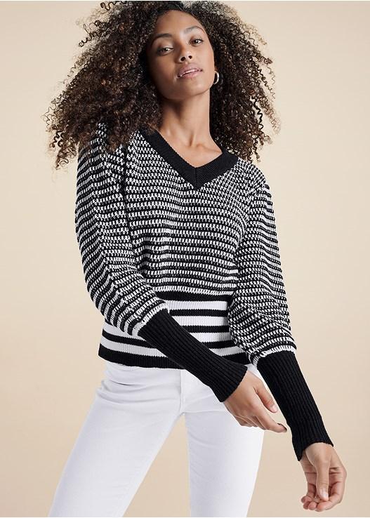 Cropped Stripe V-Neck Sweater Product Image