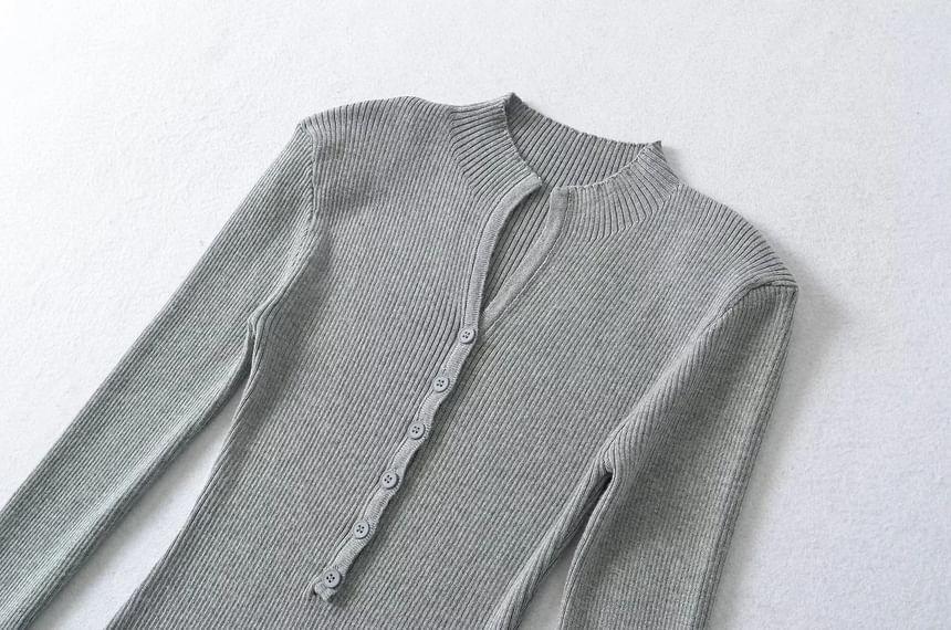 Long-Sleeve Half Buttoned Plain Knit Top Product Image