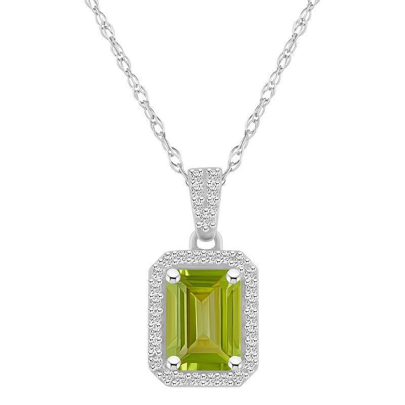 Celebration Gems 10k White Gold Emerald Cut Gemstone & Lab-Created White Sapphire Halo Pendant Necklace, Womens Green Product Image