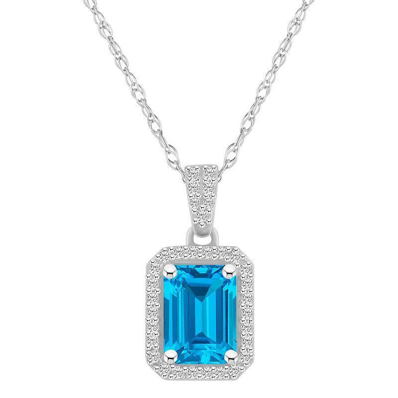 Celebration Gems 10k White Gold Emerald Cut Gemstone & Lab-Created White Sapphire Halo Pendant Necklace, Womens Created Blue Product Image