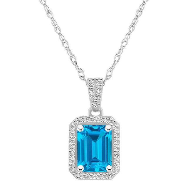 Celebration Gems 10k White Gold Emerald Cut Gemstone & Lab-Created White Sapphire Halo Pendant Necklace, Womens Blue Product Image