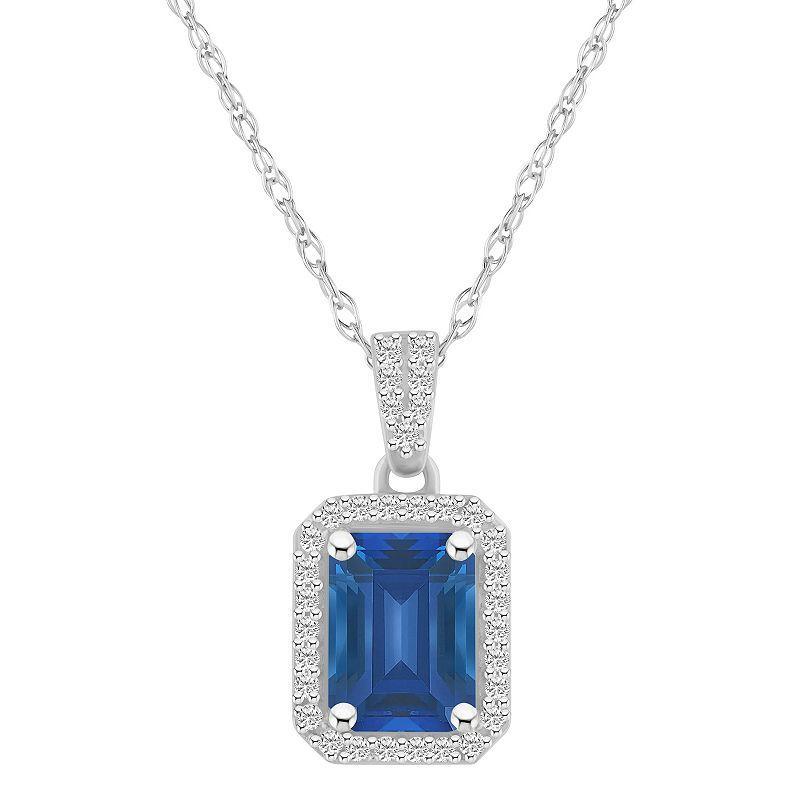 Celebration Gems 10k White Gold Emerald Cut Gemstone & Lab-Created White Sapphire Halo Pendant Necklace, Womens Blue Product Image