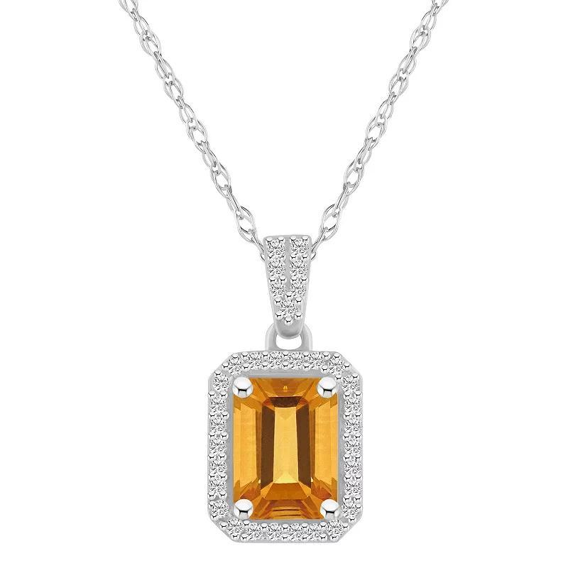 Celebration Gems 10k White Gold Emerald Cut Gemstone & Lab-Created White Sapphire Halo Pendant Necklace, Womens Citrine Product Image