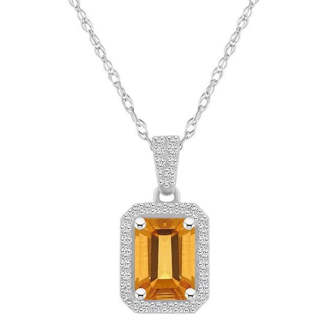 Celebration Gems 10k White Gold Emerald Cut Gemstone & Lab-Created White Sapphire Halo Pendant Necklace, Womens Citrine Product Image