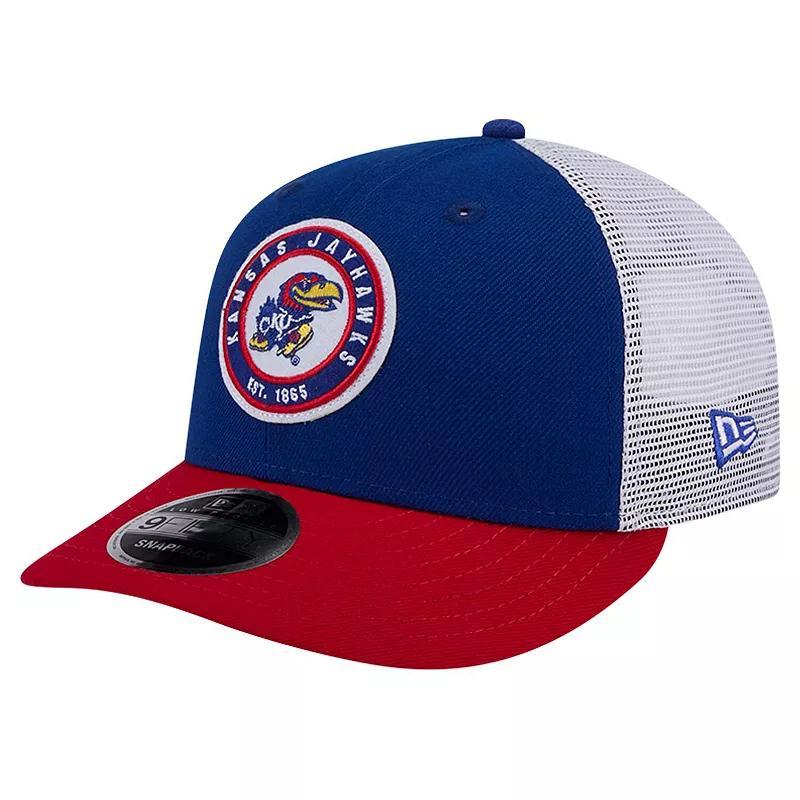 Mens New Era Royal Kansas Jayhawks Throwback Circle Patch 9FIFTY Trucker Snapback Hat Product Image