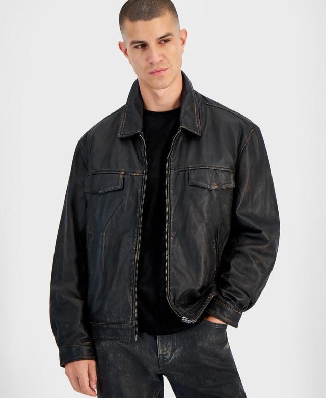 Guess Mens Distressed Full-Zip Leather Jacket Product Image