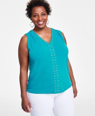 Plus Size V-Neck Stud-Trim Top, Created for Macy's Product Image