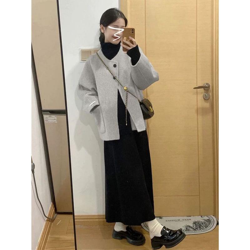 Maternity U-Neck Button-Up Plain Jacket / Long-Sleeve Mock Neck Maxi A-Line Dress Product Image