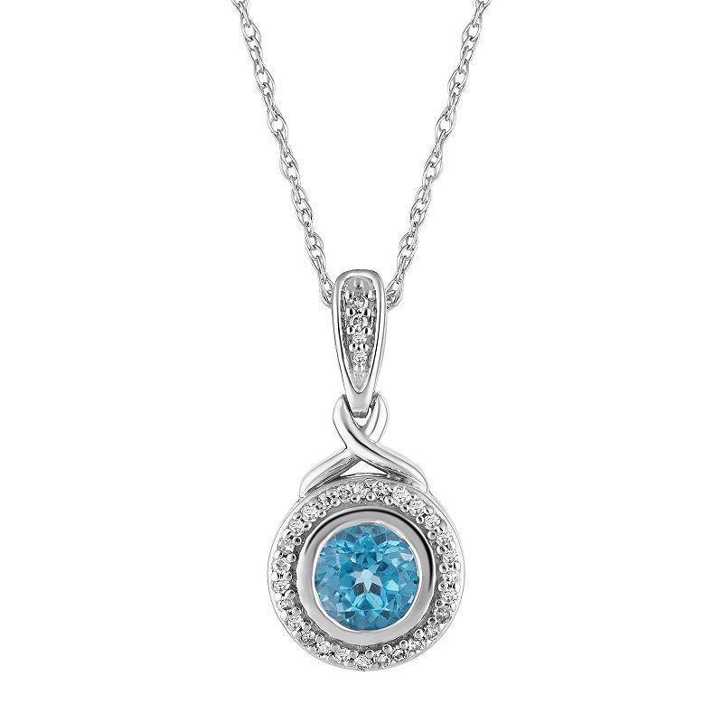 10k White Gold Swiss Blue Topaz & 1/8 Carat T.W. Diamond Halo Pendant Necklace, Womens Product Image