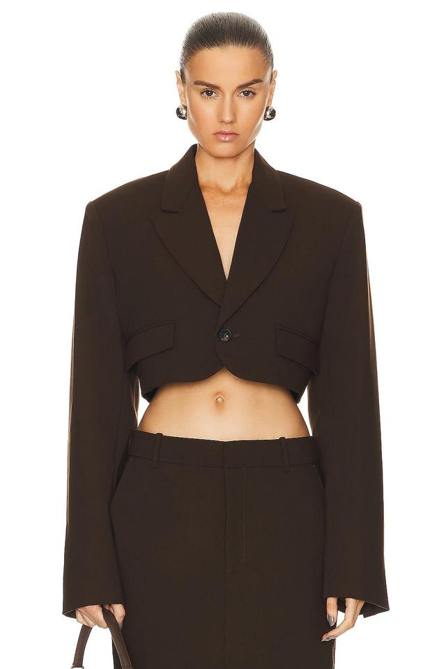 GRLFRND The Cropped Blazer in Brown. Product Image