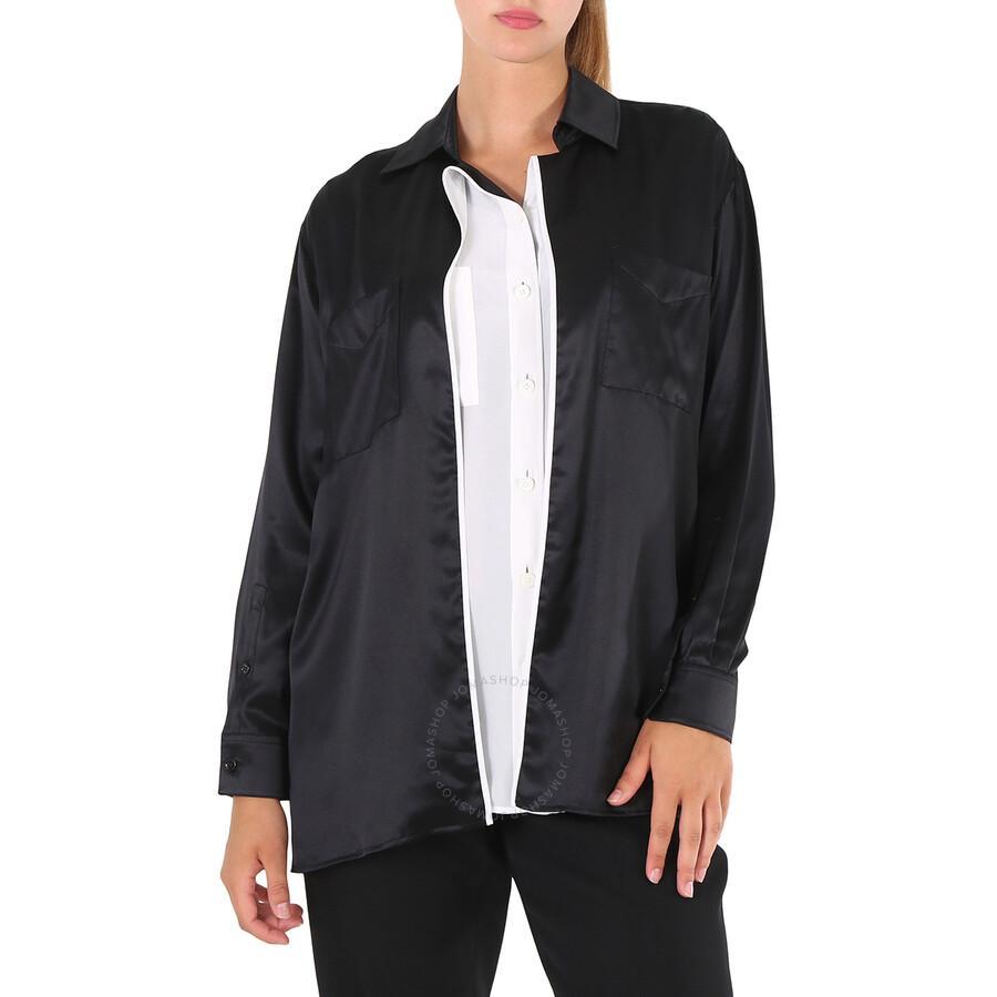 BURBERRY Ladies Black Logo Applique Silk Satin Long Sleeve Shirt product image