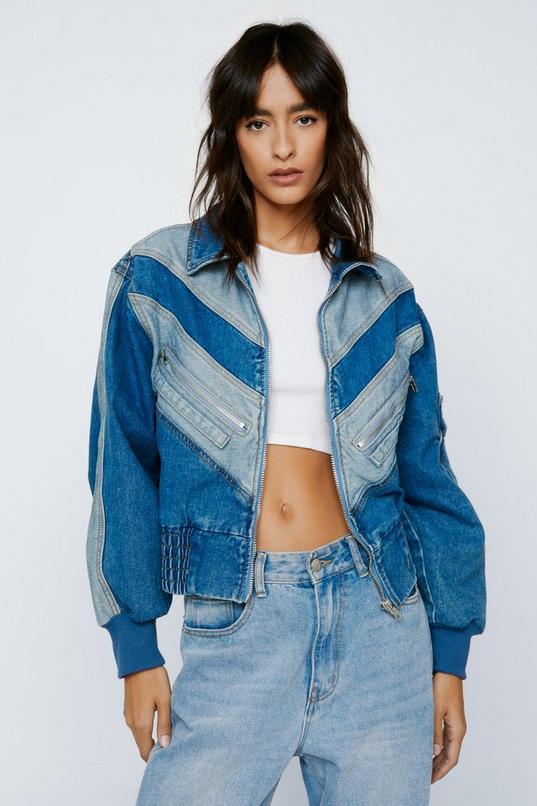 Color Block Zip Detail Denim Bomber Jacket Product Image