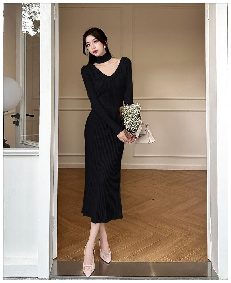 Set: Long-Sleeve Plain Flower Accent Ribbed Midi Sheath Knit Dress + Choker Product Image