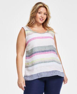 Plus Size Printed Scoop-Neck 100% Linen Top, Created for Macy's  Product Image