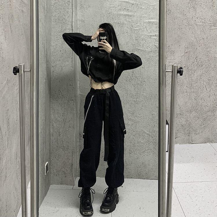 Long-Sleeve Plain Drawstring Hem Crop Shirt / Elastic Waist Loose Fit Cargo Pants Product Image