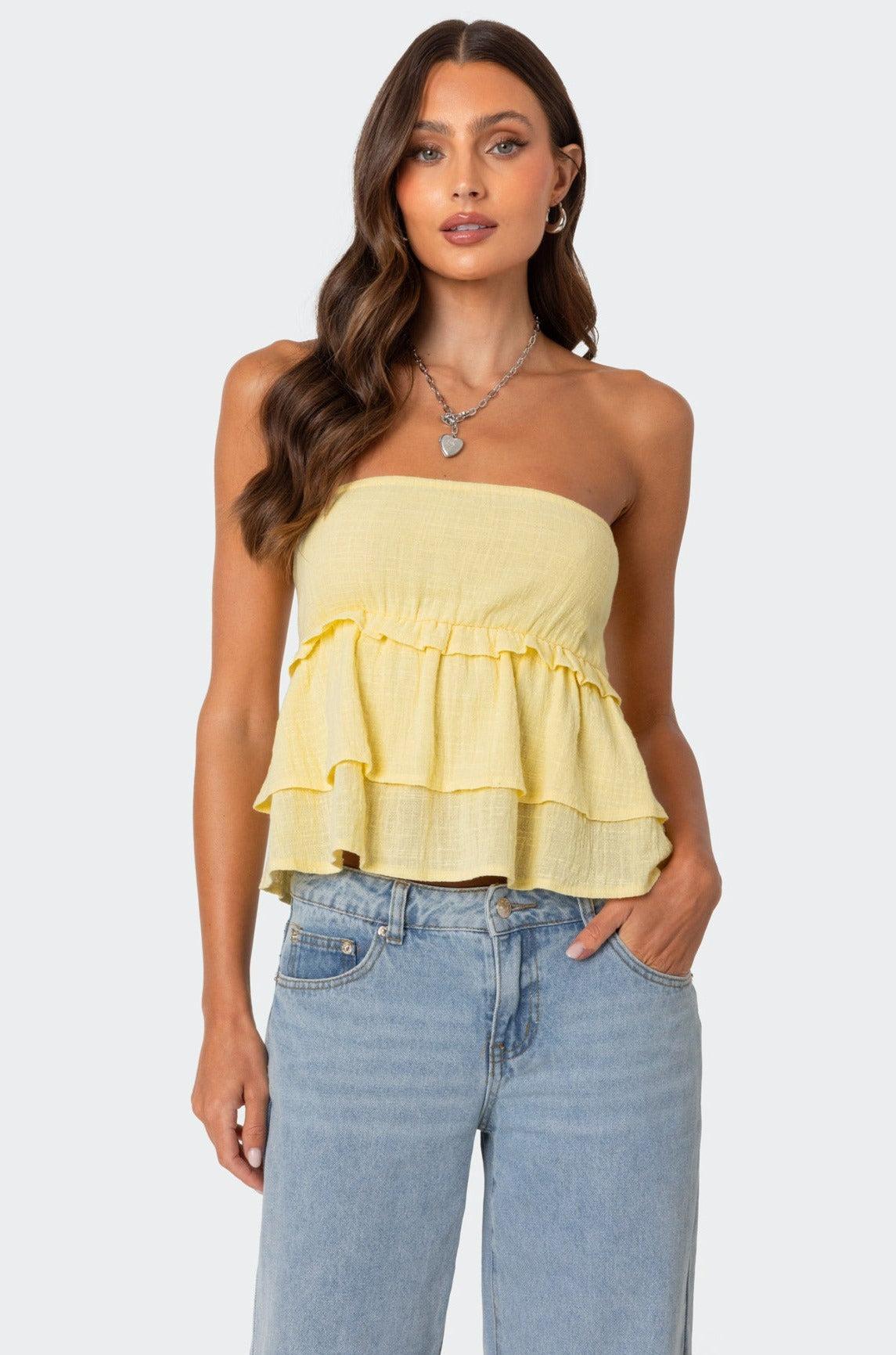 Linen Look Strapless Peplum Top Product Image