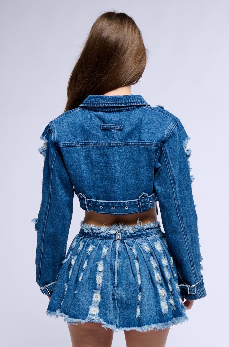 STRESSED OUT CUT OUT CROP DENIM JACKET Product Image